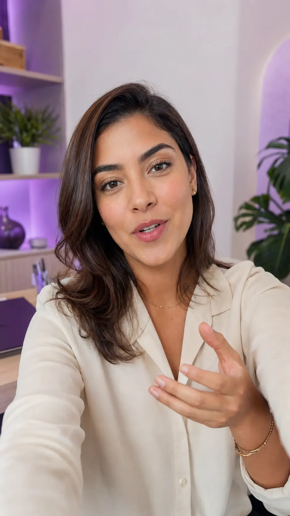 Criadora de conteúdo gravando um Story e falando para a câmera